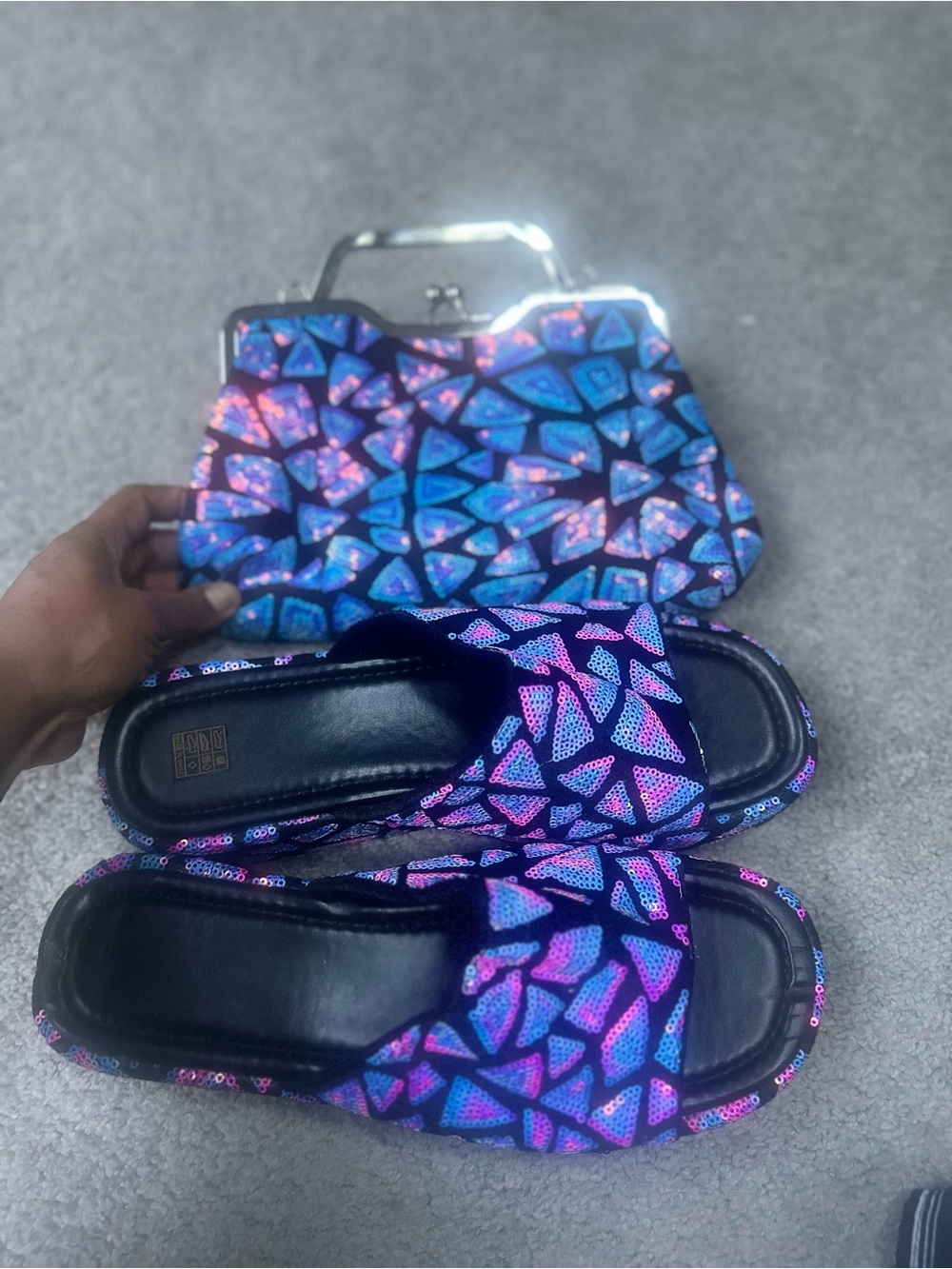 Sequin Mosaic Slide Sandals With Matching Bag- Blue, Pink, & Purple